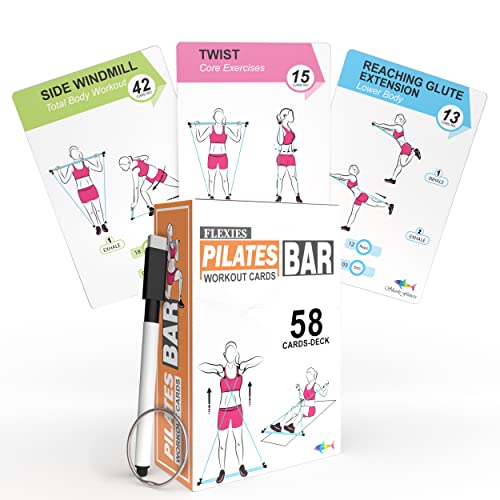 Pilates Bar Workout Cards | 58 Exercise Cards with Postures, Breathing Tips & Intensity Levels | Waterproof Color-Coded Fitness Cards Deck for Women with Dry-Erase Marker