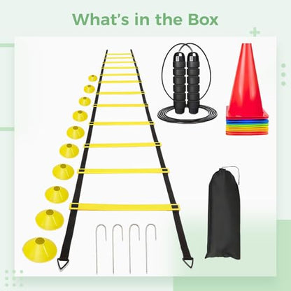 6 Meters (19.7 Ft) 12 Rung Speed Ladder, Agility Training Set, with Cones Soccer 10 & Bag Carry, Training Equipment Soccer, Coordination, Agility, Speed Drills