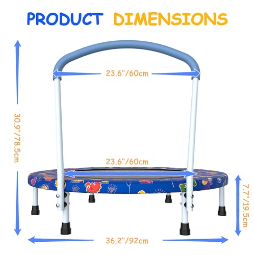 36" Mini Toddler Trampoline with Handles, Indoor Quiet Kids Trampoline with Super Safety Mat and Durable Steel Frame, Indoor/Outdoor - color: Deep Blue Print