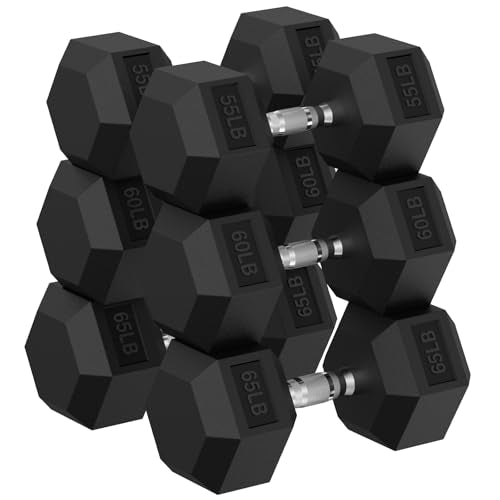 Hex Dumbbell Sets, 90-640 lb Rubber Encased Exercise & Fitness Dumbbells Set, Hand Weight for Strength Training, Weight Dumbbells - size: 360 lb Set (Pair of 55, 60, 65 lb)