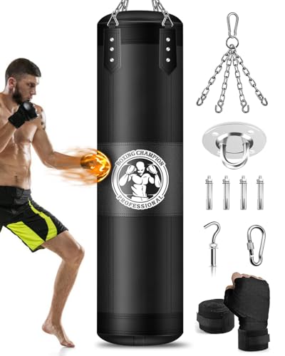 Punching Bag for Adults, 4FT PU Heavy Boxing Bags with Chain Ceiling Hook, Hanging Boxing Bag for Kickboxing Muay Thai Karate Judo Taekwondo Home Gym Training, Unfilled - style: Strong man