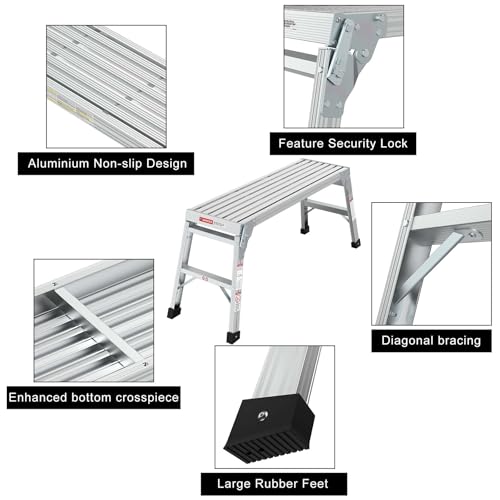 Folding Aluminum Work Platform & Heavy Duty Platform Step Ladder for Home, Portable Aluminum Step Stool & Aluminum Bench with Non-Slip Rubber Feet,225lbs (with No-Telescopic Legs)