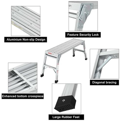 Folding Aluminum Work Platform & Heavy Duty Platform Step Ladder for Home, Portable Aluminum Step Stool & Aluminum Bench with Non-Slip Rubber Feet,225lbs (with No-Telescopic Legs)
