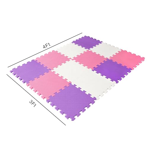 Easy Playhouse: 12 Soft Foam Floor Puzzle Tiles - Pink-Purple-White - 12" Interlocking Mat Pieces (4'x3'), Nursery, Playroom, Gym, Children & Adults