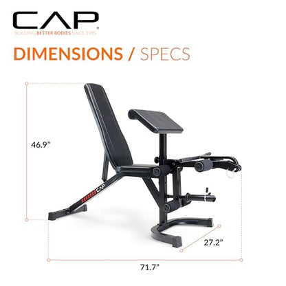 CAP Adjustable Utility Weight Bench with Preacher Pad, Arm Curl Attachment, and Leg Developer for Full Body Strength Training