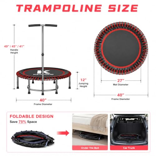 40/48" Low-Impact Rebounder Trampoline for Adults with Bungee, 450/550LBS Quiet Mini Exercise Trampoline with Adjustable U/T-Shaped Foam Handle Bar, Fitness Equipment for Indoor/Gym Workout - size: 40 inch, style: T-Bar