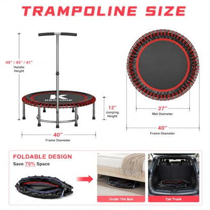 40/48" Low-Impact Rebounder Trampoline for Adults with Bungee, 450/550LBS Quiet Mini Exercise Trampoline with Adjustable U/T-Shaped Foam Handle Bar, Fitness Equipment for Indoor/Gym Workout - size: 40 inch, style: T-Bar