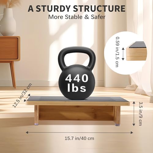 Step Stool for Adults, 3.5" Bed Step for High Beds, Non-Slip Stepping Stool with Load Capacity of 440 lbs, Wooden Step Stool for Seniors, Kids, Bedside, Shower, Kitchen Use, Beech Wood/Black