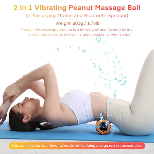 2 in 1 Vibrating Peanut Massage Ball with 6 Massaging Modes and Bluetooth Speaker, Rechargeable Vibrating Massage Yoga Roller Ball for Muscle Recovery, Orange