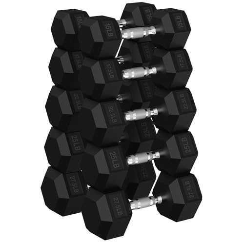 HANDBODE Rubber Coated Hex Dumbbell Set, 90-640 lb - size: 215 lb set (pair of 15, 17.5, 22.5, 25, 27.5)