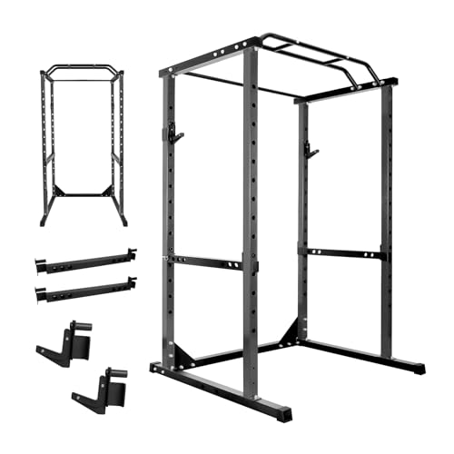 Space-Saving Power Cage for Small Home Gym, 1200 LBS Weight Capacity 2x2 Steel Squat Rack with Multi-Grip Pull Up Bar, Adjustable J-Hooks & Safety Bars for Full Body Workout, Smith Machine