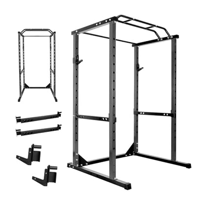 Space-Saving Power Cage for Small Home Gym, 1200 LBS Weight Capacity 2x2 Steel Squat Rack with Multi-Grip Pull Up Bar, Adjustable J-Hooks & Safety Bars for Full Body Workout, Smith Machine