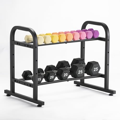 2-Tier Heavy Duty Dumbbell Rack, 180 Lbs Per Shelf Capacity, Adjustable Width Height Stand for Large Hex Dumbbells, Home Gym & Garage Storage (Rack Only)