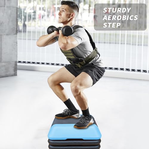 Height-Adjustable Step Aerobics Platform Fitness Equipment Stepper Trainer Exercise Step Platform with 4 Riser Blue