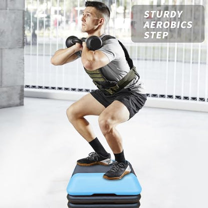 16" x 16" High Aerobic Step Aerobics Stepper Platform with 4 Risers, Exercise Workout Stepper, Home Gym Equipment, Fitness Step Platform, Adjustable Aerobic Stepper - color: Black+Blue