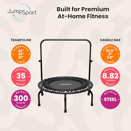 JumSport 350 Series 39" Trampoline & Handle Bar Bundle, 30 Adjustable Bungees, Stable No-Tip Arched Legs, & 60 Day Trial Streaming Video & DVD, Teal