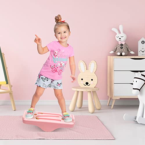 Kids Rocking Seesaw Balance Board with 5 Wooden Balls Sensory Training Rocking Board Balance Training Equipment Children Indoor Outdoor Activity Toy (Pink) - color: Pink
