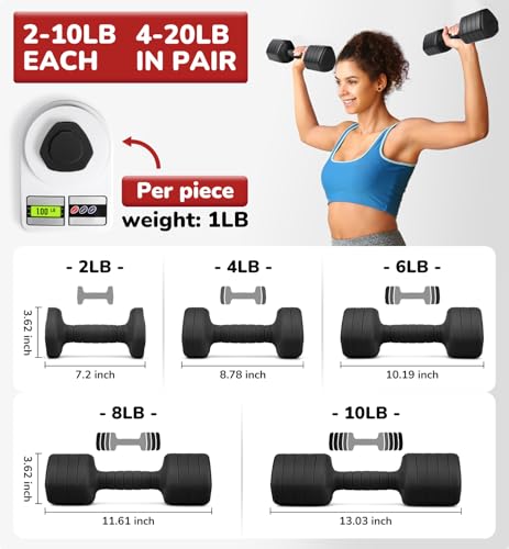 Adjustable Dumbbell Set of 2, 10LB 20LB 30LB Weight Set - color: Black, size: 20 lbs Total-(10LB Each)