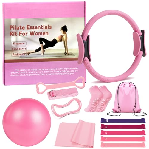 Pilates Ring 13 Piece Set,Pilates Kit for Women Exercise Equipment Accessories Deformation Magic Circle with Padded Handles, Workouts Ball, Guide & Bag, Resistance Bands for Legs Arms and Thighs
