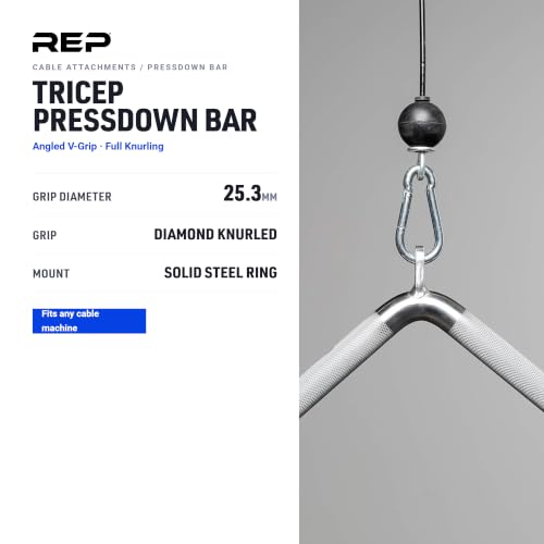 REP Fitness LAT Pulldown and Low Row Cable Machine Attachments and Functional Trainer Attachments – Curl Bar, D-Handle, Ankle Cuff, Tricep Rope, Sports Handle, Straight Bar, Row, Chinning Triangle - style: Tricep Pressdown Bar