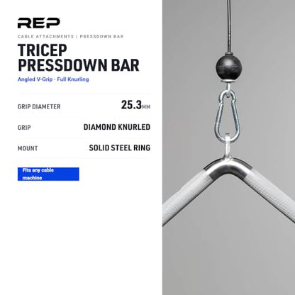 REP Fitness LAT Pulldown and Low Row Cable Machine Attachments and Functional Trainer Attachments – Curl Bar, D-Handle, Ankle Cuff, Tricep Rope, Sports Handle, Straight Bar, Row, Chinning Triangle - style: Tricep Pressdown Bar