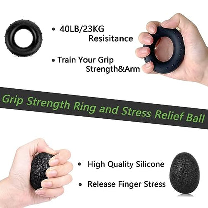 Grip Strength Trainer Kit (5 Pack), Grip and Forearm Strengthener, Finger Strengthener, Adjustable Resistance Hand Gripper, Grip Ring, Stress Relief Ball for Muscle Building, Injury Recover