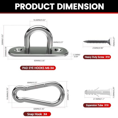 sprookber 304 Stainless Steel Pad Eye Snap Hook, M6 Ceiling Hook 800Lb,8Pcs - size: 2.3 inch, style: Oval