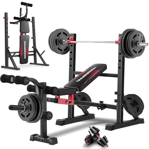 OPPSDECOR 900LBS Weight Bench Set with Squat Rack Foldable Bench Press Set with Leg Extension & Leg Curl Professional Flat/Incline/Decline Workout Bench for Home Gym Full Body Exercise