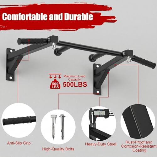 Wall Mount Pull Up Bar, Heavy Duty Steel PullUp Bar Fits Wood Studs, Multi Grip Pull Up Bar with Ball Finger & Round Rings, for Home Gym Garage Basement Strength Training Chin Up Bar
