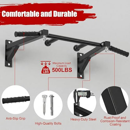 Wall Mount Pull Up Bar, Heavy Duty Steel PullUp Bar Fits Wood Studs, Multi Grip Pull Up Bar with Ball Finger & Round Rings, for Home Gym Garage Basement Strength Training Chin Up Bar