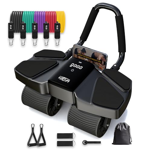 Ab Roller Home Gym Equipment – 4 Wheels Ab Wheel Muscle Roller with Built-in Tracker , 5Pcs Resistance Bands, Ankle Straps, Door Anchor, Handles, Travel Bag – Comfortable Elbow Support with Non-Slip Handles - color: Black New 13-In-1 Roller