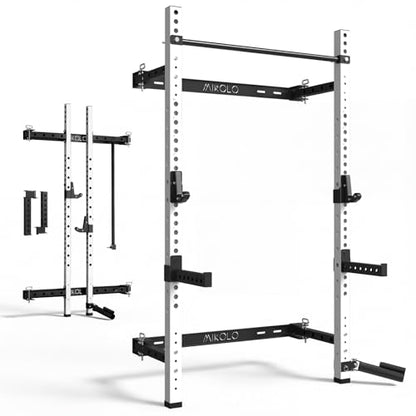 Mikolo 2" x 2" Folding Wall Mounted Squat Rack, 1000 Pounds Capacity Power Rack with Pull Up Bar, J Hooks and Other Attachments, Space-Saving Home Gym - color: White, style: Squat Rack with Safety Catches