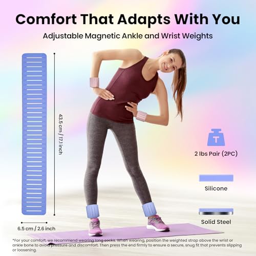 Adjustable Hidden Magnetic Ankle & Wrist Weights, Skin-Friendly Breathable and Waterproof Silicone Design for Women & Men - Ideal for Fitness, Yoga, Running, Cycling & Swimming, 2-Pack, 1LB Each