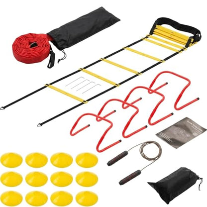 Agility Ladder Training Set - Yellow Speed & Footwork Training Equipment for Sports, Fitness, and Soccer - Includes Parachute, Hurdles, Cones, Jump Rope, and Carry Bag