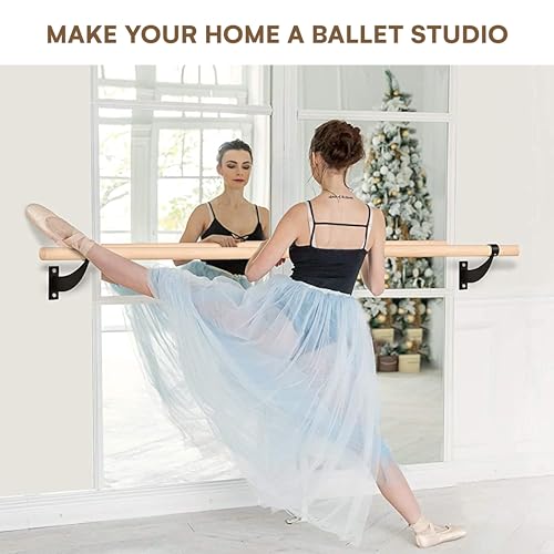 flybold Wall-Mounted Ballet Barre with Turning Board and Premium Wooden Bar - Home Workout and Dance Equipment - Rust, No Wobble - 4ft, 1.5ft Diameter - Multiple Colors