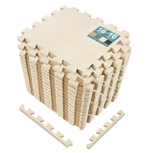 Sorbus Wood Grain Floor Mats Foam Interlocking Mats Each Tile 1 Square Foot 3/8-Inch Thick Flooring Wood Mat Tiles - Home Office Playroom Basement Trade Show (16 Tiles,16 Sq ft - Light Pine) - color: Wood Grain - Light Pine