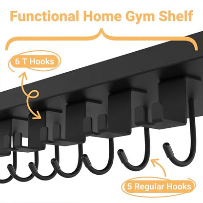 Floating Shelf Organizer Compatible with Tonal Accessories,16.9x6Home Gym Weight wall Storage Equipment Hanger, Metal Rack Holder Wall Mount with 5 T-Lock Brackets & Hooks Hanger (Black)