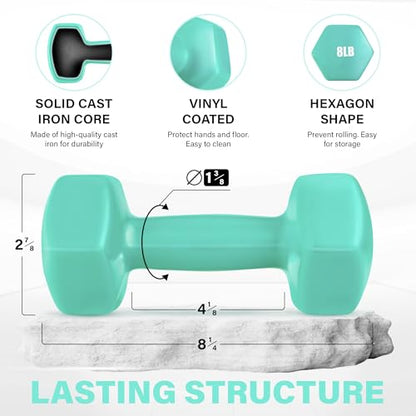 Yes4All Vinyl Hexagon Dumbbell - Dumbbells Set of 2 Hand Weights for Home Gym & Strength Training (2-15 lbs Weight Options) - color: D. 8 lbs - Bermuda - Pair
