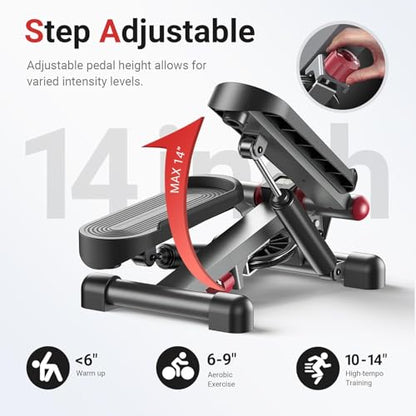 Mini Stepper for Home Exercise, Compact Hydraulic Stair Stepper with Resistance Bands, Quiet Fitness Machine with LCD Monitor, 300 lbs Weight Capacity (MR-2433)