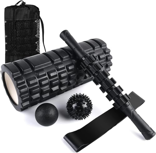 6 in1 Foam Roller Set, Trigger Point Foam Roller, Yoga Stick, Massage Ball, Fixation Ball, Fitness Stretching Strap, Carrying Bag, Towel for Deep Muscle Massage Pilates Yoga - color: Black