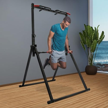 Foldable Power Tower Pull Up Bar Station, Pull Up Bars Adjustable Height Foldable Dip Station for Home Gym Workout, Heavy Duty for Strength Training, Bench Press and Leg Squats
