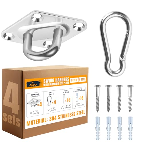 Albo Diamond Plate 2650lbs Swing Hangers 4 PCS - Heavy Duty Ceiling Mount Hooks with Snap Carabiners, 304 Stainless Steel for Wood & Concrete & Metal, Indoor Outdoor Anchor for Hammock, Yoga, TRX - size: Diamond 4pcs Silver