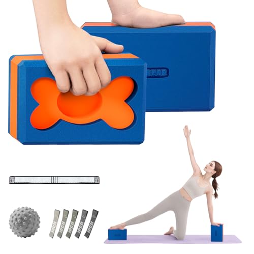 HAPBEAR Yoga Blocks 2 Pack - 9x6x3in High-Density EVA Foam with Non-Slip Textured Surface, Supportive for Deep Stretching & Lightweight - Ideal for Yoga, Pilates, Stretching Exercises - color: Blue/Orange