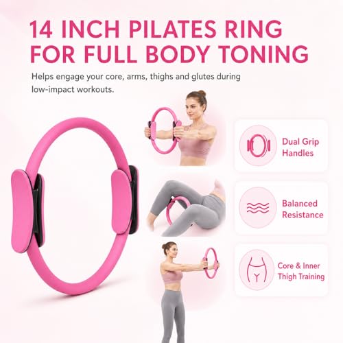 Pilates Kit for Women, 13 Piece Home Workout Starter Set with 14 Inch Ring, Mini Ball, 5 Resistance Bands, Yoga Socks, Stretch Strap and Carry Bag for Core Strength, Toning, Flexibility