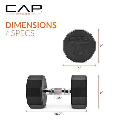 CAP Rubber Coated Dumbbell Weights, Free Weights for Home Gym Strength Training, Anti-Roll Hex Dumbbells with Black, Chrome & Comfort Grip Handles, Singles - size: 30 lb, style: 12-Sided - Chrome Handle