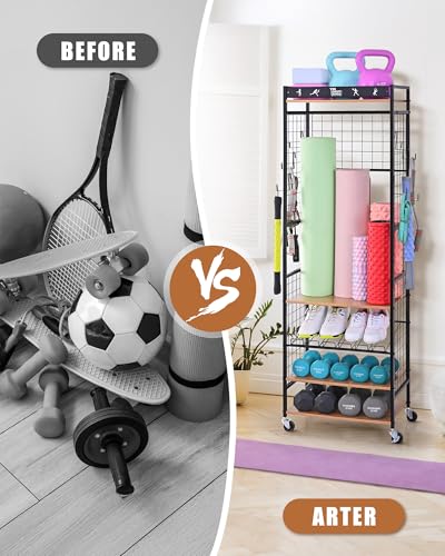 Mythinglogic Weight Rack for Dumbbells, Home Gym Storage for Yoga Mat Dumbbells Kettlebells and Strength Training Equipment, Dumbbell Rack with Wheels and Hanging Hooks