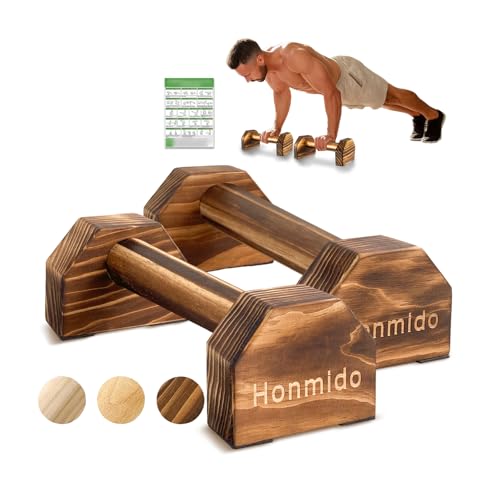 Wooden Parallettes 2 PCS Push Up Stand For Floor Calisthenics Bars Home, Handles Handstand Blocks Beech & Pine Wood Pushup Non-Slip Base Parallel Exercise Equipment For MenTrainers - color: CARBIDE WOOD