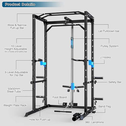 Power Cage, Multi-Functional Power Rack with J-Hooks, Dip Handles, Landmine Attachment and Optional Cable Pulley System for Home Gym - size: Power Cage with Pulley System