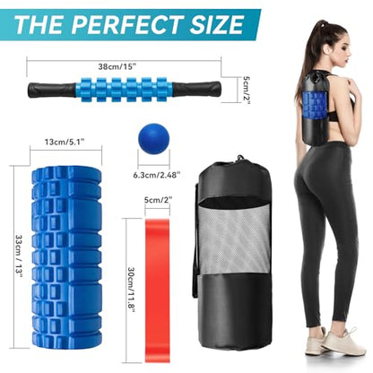 Krightlink 5 in 1 Foam Roller Set for Deep Tissue Muscle Massage, High Density Trigger Point Fitness Patented Exercise Foam Roller, Massage Roller, Massage Ball, Resistance Band, for Whole Body - color: Deep Blue