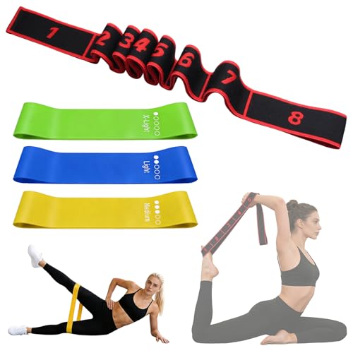 4 Pcs Fitness Resistance Band for Stretching and Yoga with 8-Level Adjustable Strap & 3 Loop Resistance Bands for Legs, Resistance Bands for Working Out, Pilates, Physical Therapy, Home Workout